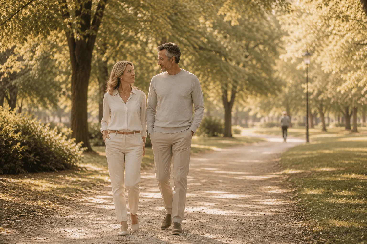 Couple marchant dans un parc à l’heure dorée